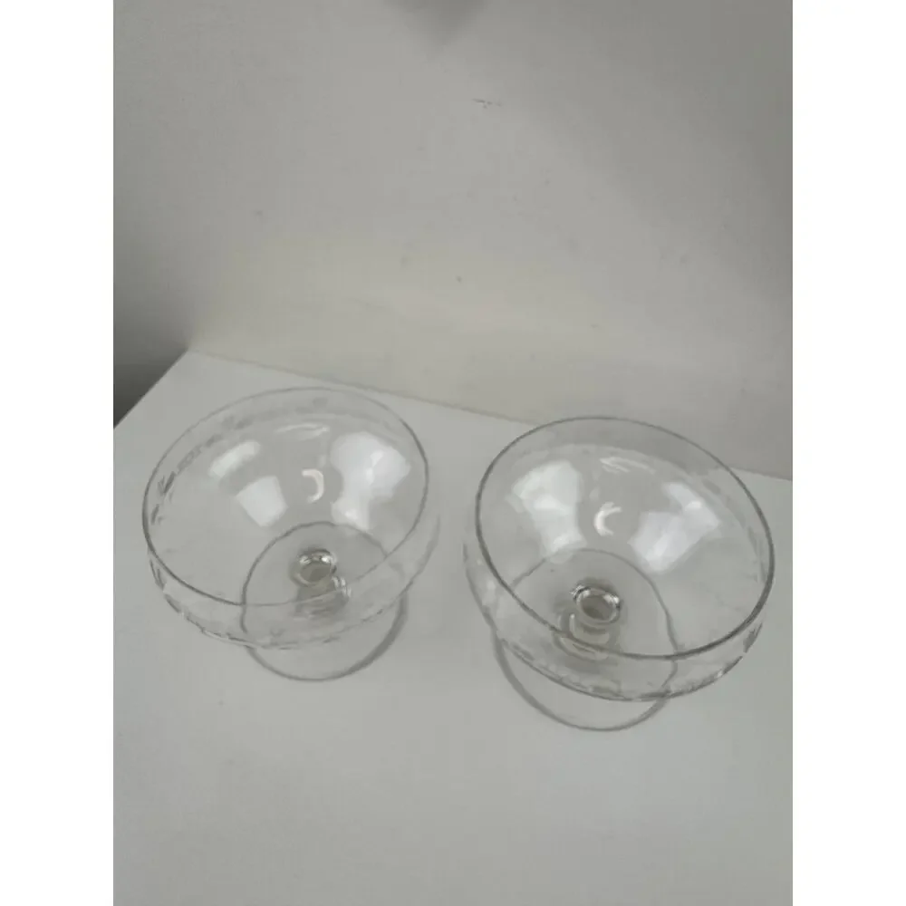 Vintage Etched Ice Cream Fruit Bowl Glass Floral Round Shape Hand Blown Set of 2
